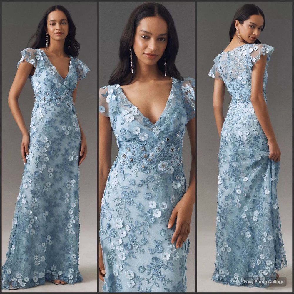 MAC DUGGAL 68192 Blue Embroidered Applique Wrap Over Flutter Sleeve Gown